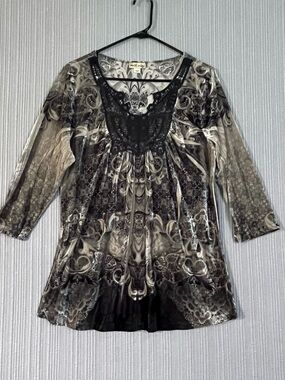 World Unity Crushed Velvet Tunic Top Womens L Lace Bodice